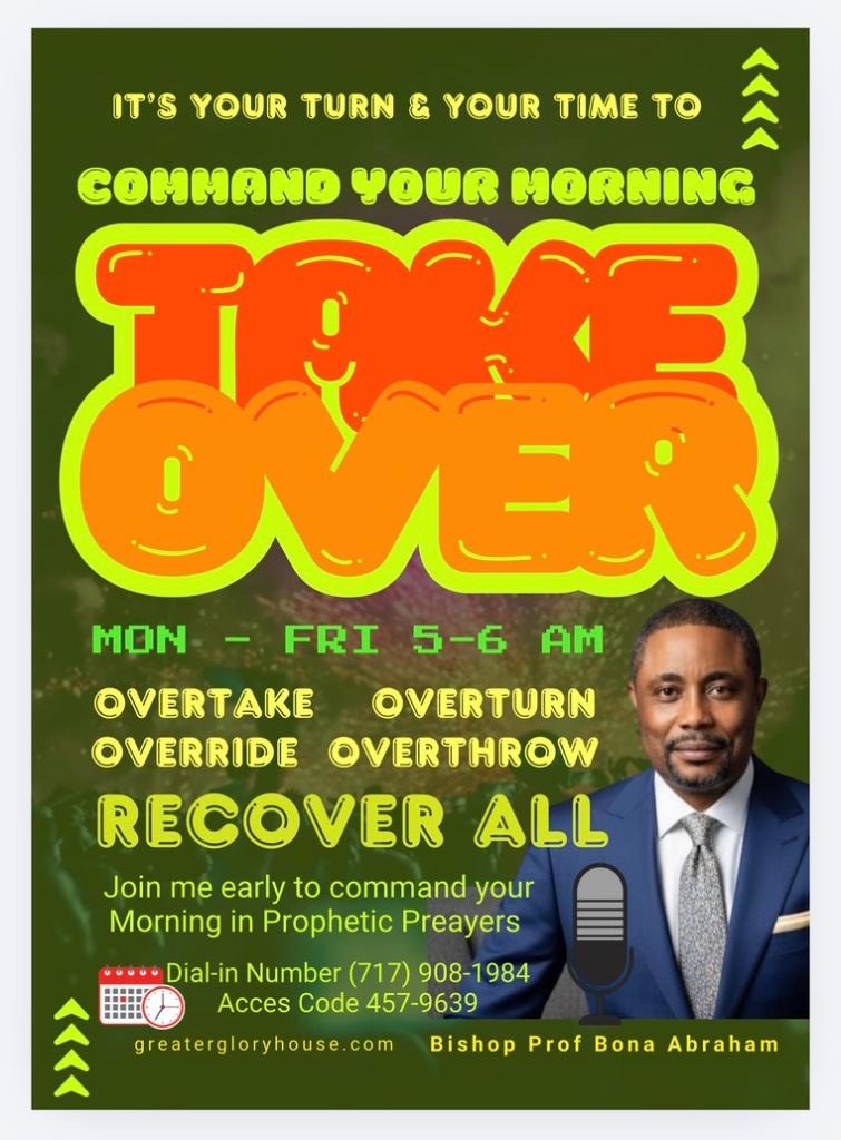Command Your Morning Takeover flyer — Mon–Fri 5–6 AM with Bishop Prof Bona Abraham