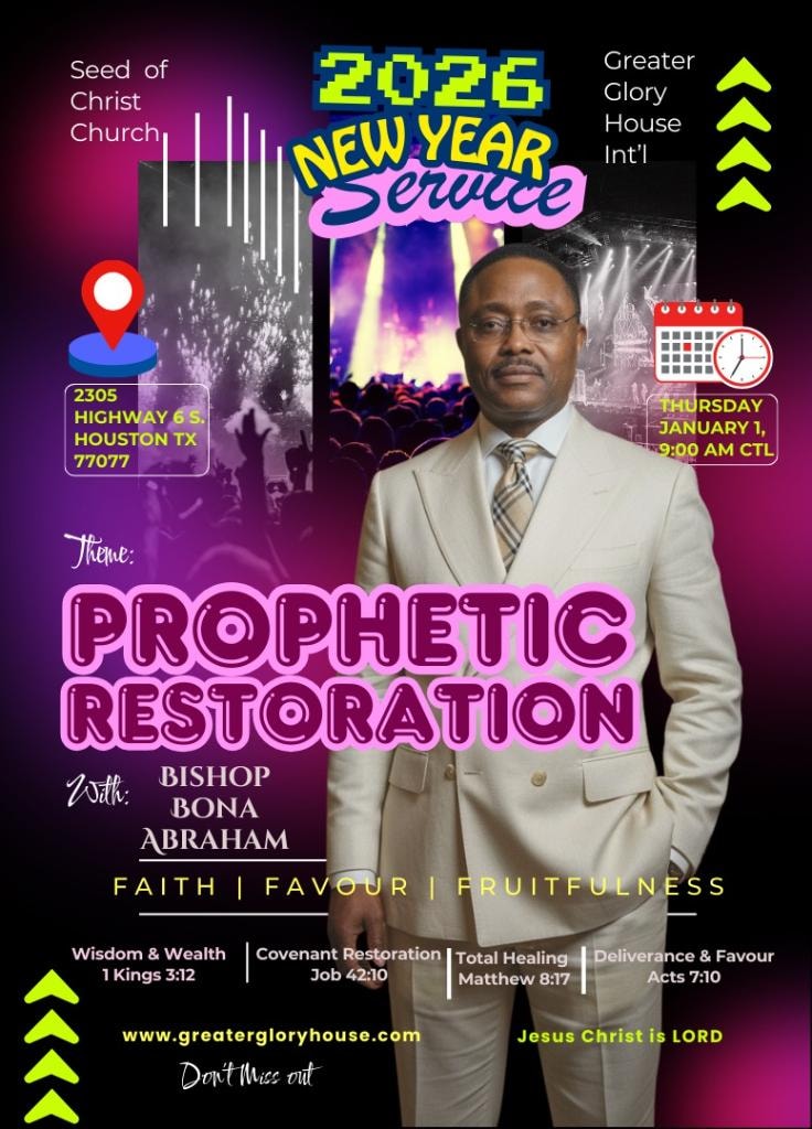 2026 New Year Service flyer — Prophetic Restoration with Bishop Bona Abraham