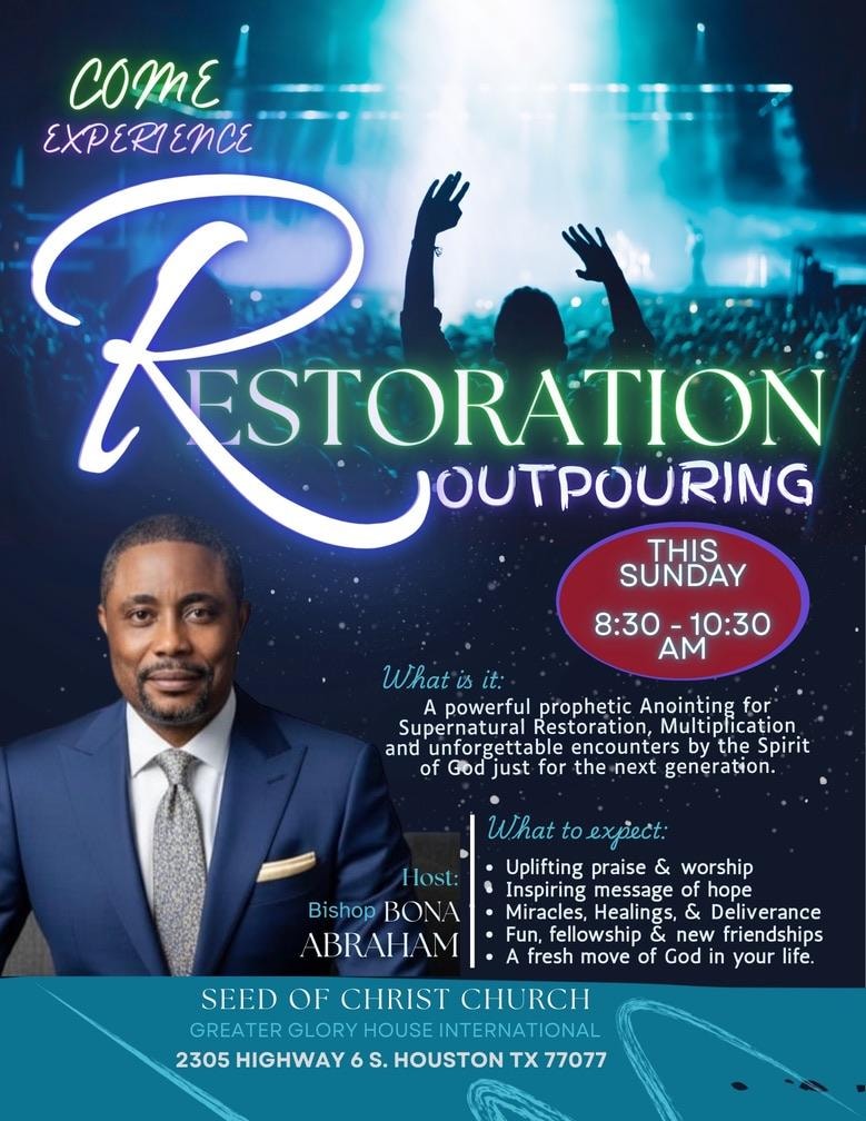 Restoration Outpouring event flyer — Bishop Bona Abraham, Sunday 8:30–10:30 AM