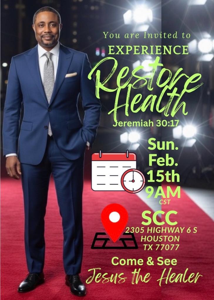 Restore Health event flyer — Bishop Bona Abraham, Sunday Feb 15th 9AM