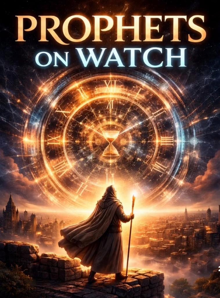 Prophets on Watch — a prophetic watchman standing before a glowing celestial clock over a city